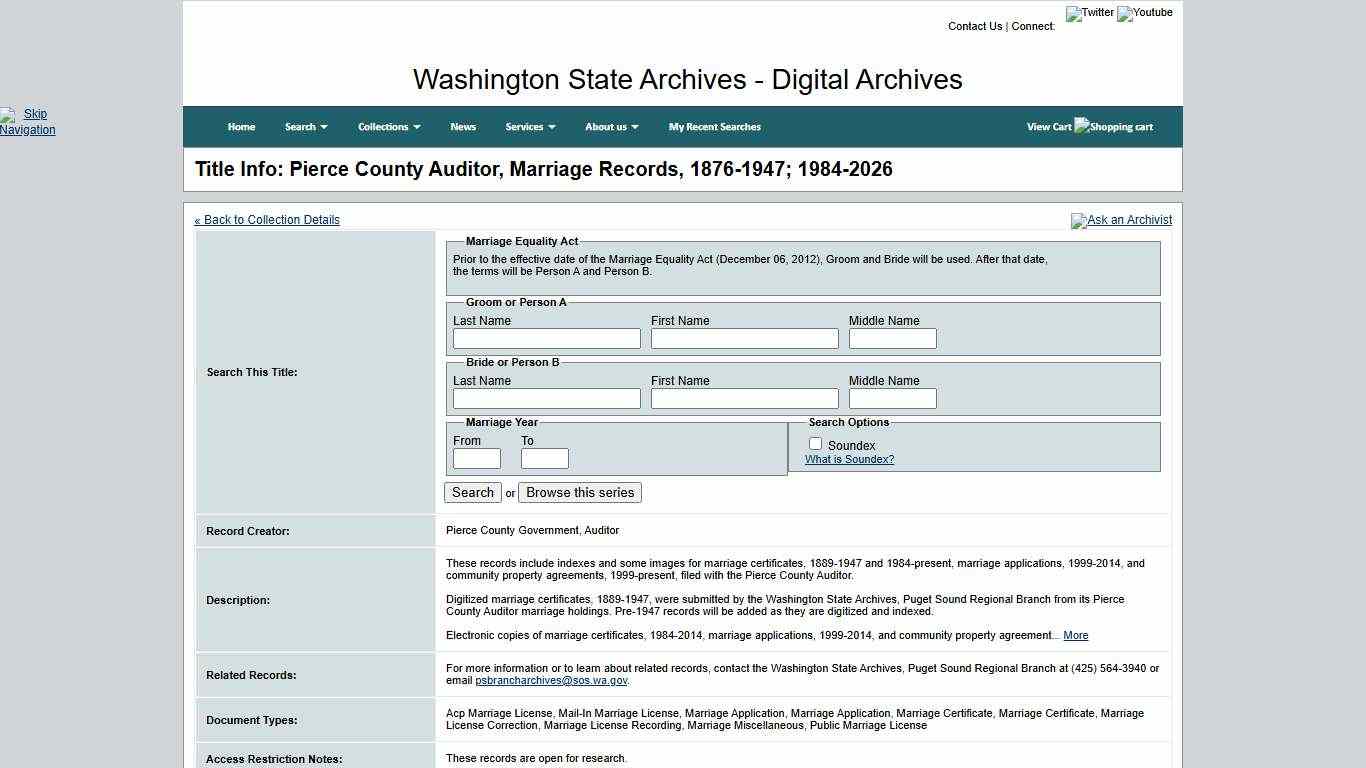 Washington State Archives, Digital Archives - Title Info: Pierce County Auditor, Marriage Records, 1876-1947; 1984-2026